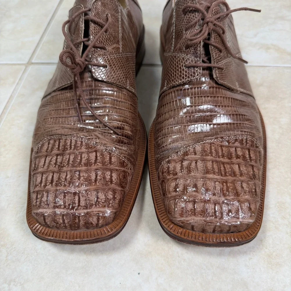 David Eden Oxford Shoes Mens 9.5 Brown Hornback Caiman Lizard Exotic Square Toe